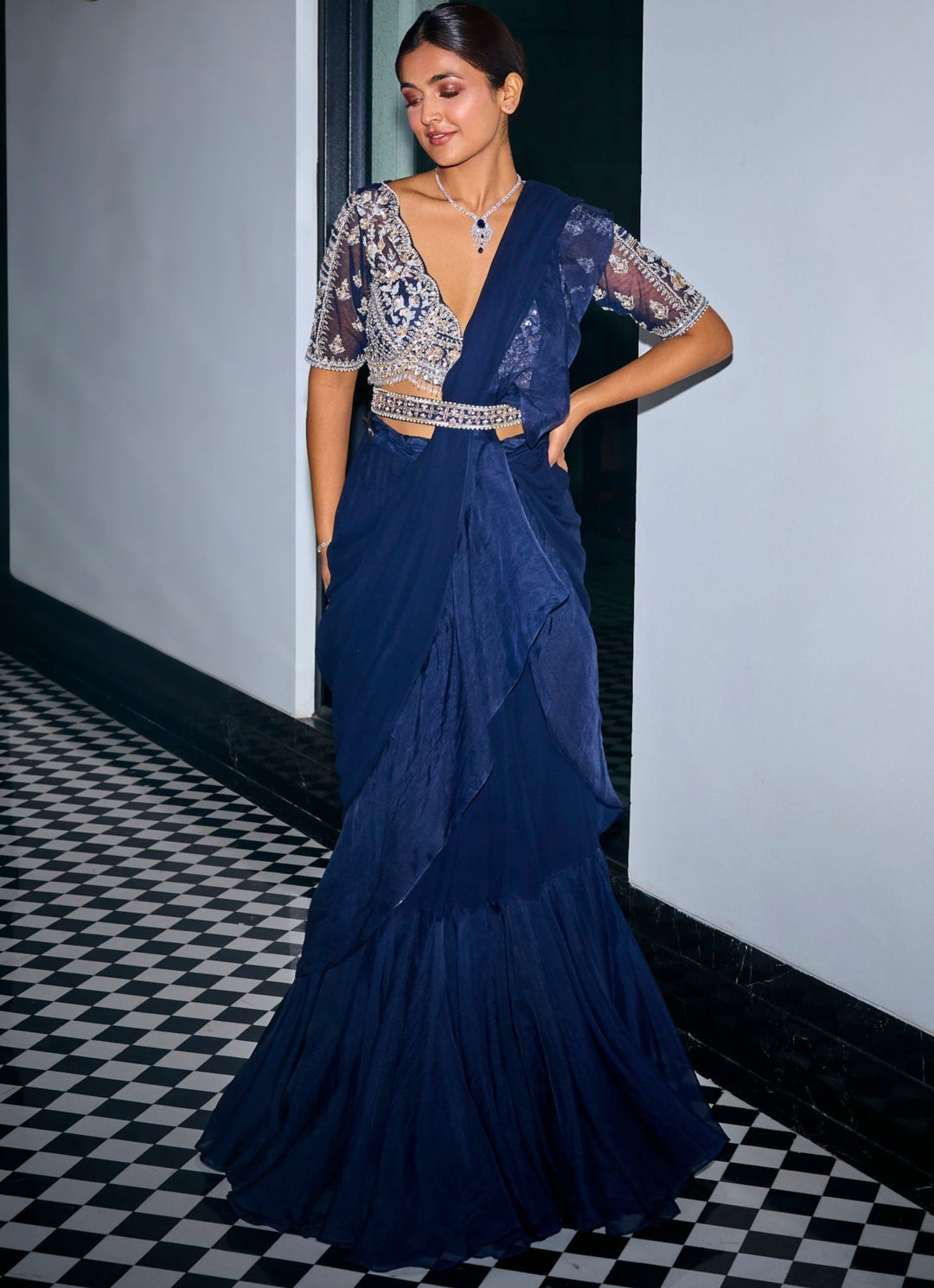 Midnight Blue Embroidered Georgette Predraped Ruffle Saree Sanya Gulati - Fabilicious Fashion