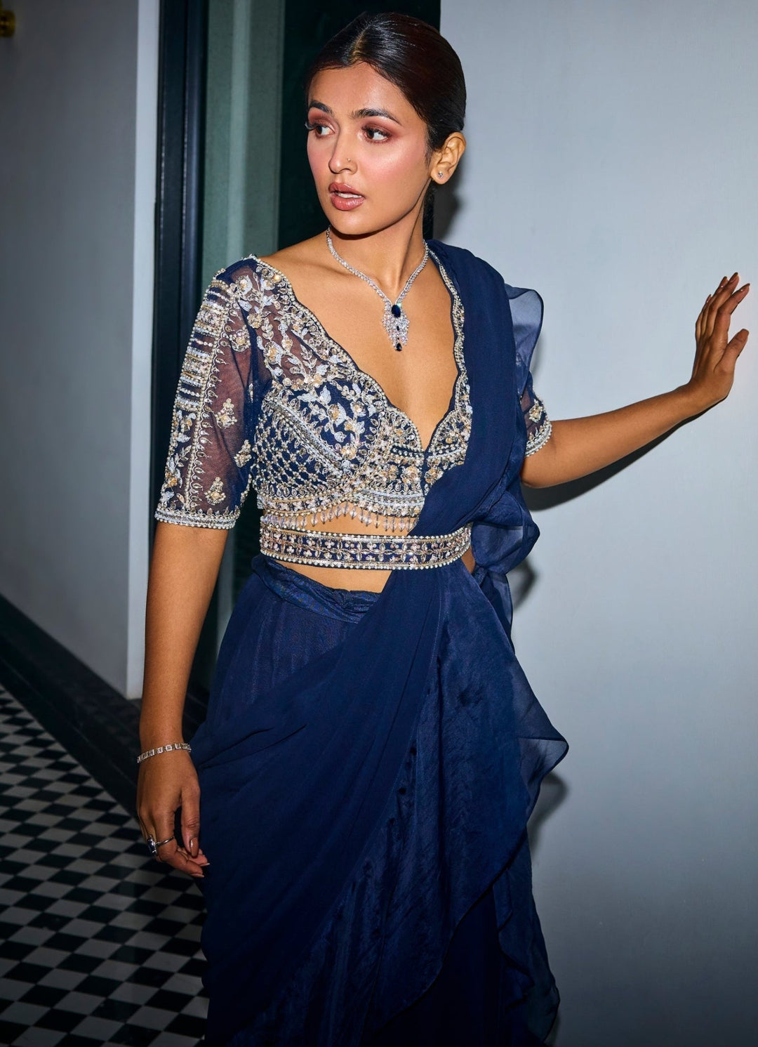 Midnight Blue Embroidered Georgette Predraped Ruffle Saree Sanya Gulati - Fabilicious Fashion