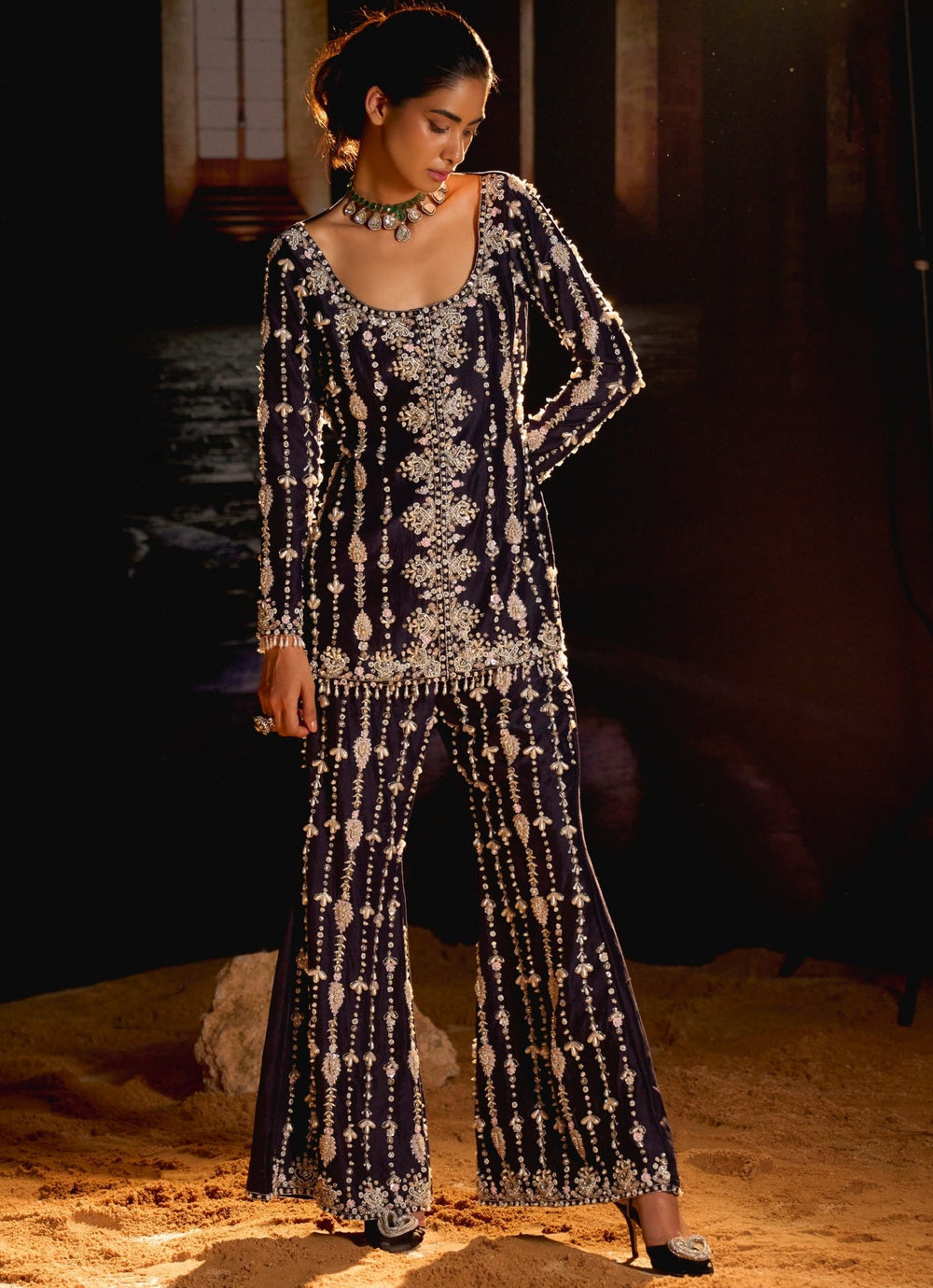 Midnight Blue Embroidered Jacket Kurta And Pant Set Mani Bhatia - Fabilicious Fashion