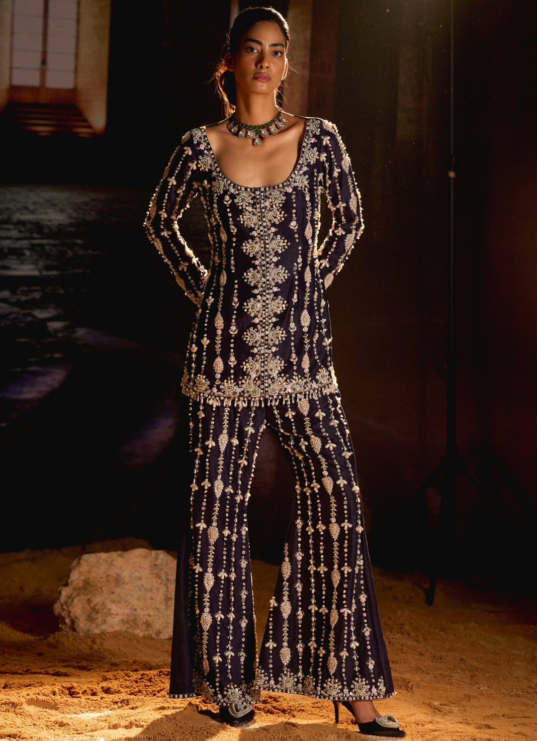 Midnight Blue Embroidered Jacket Kurta And Pant Set Mani Bhatia - Fabilicious Fashion