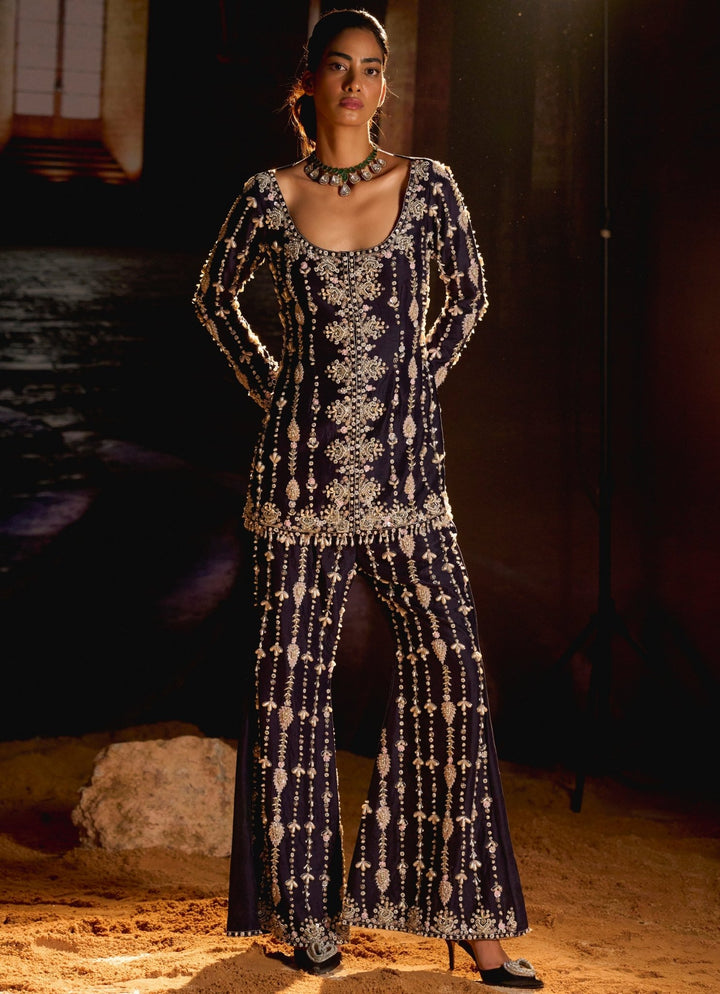 Midnight Blue Embroidered Jacket Kurta And Pant Set Mani Bhatia - Fabilicious Fashion