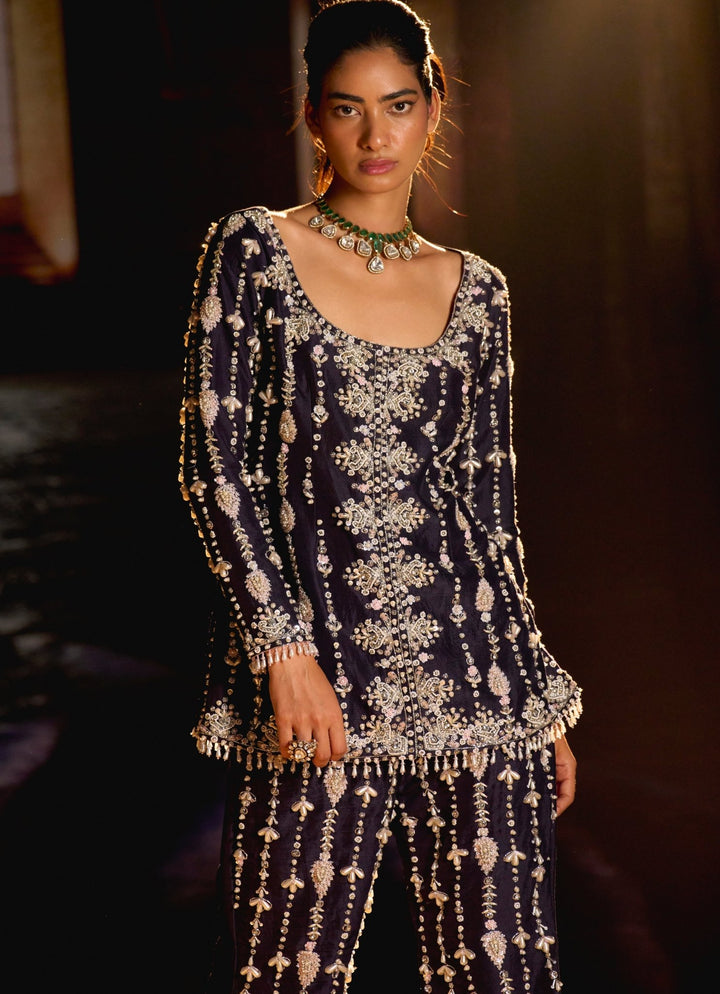 Midnight Blue Embroidered Jacket Kurta And Pant Set Mani Bhatia - Fabilicious Fashion