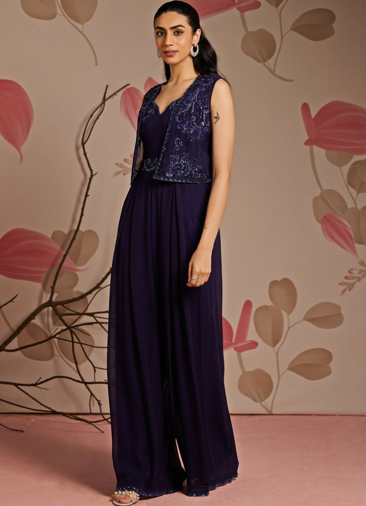Midnight Blue Embroidered Jumpsuit Set Seema Thukral - Fabilicious Fashion