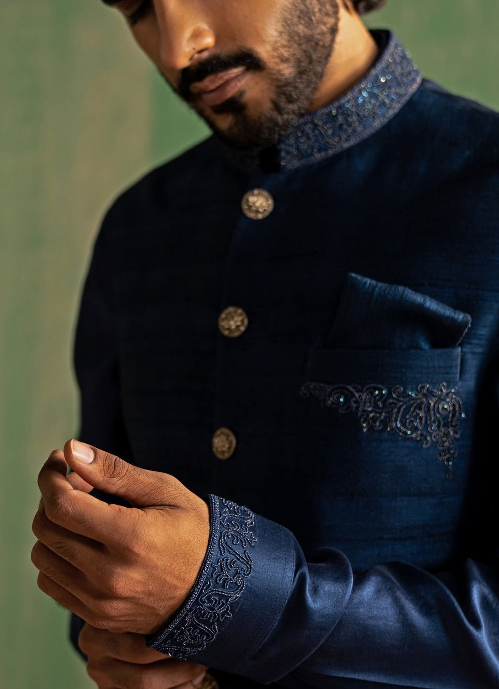 Midnight Blue Embroidered Kurta Bundi Set Studio Bagechaa - Men - Fabilicious Fashion