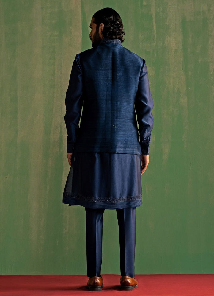 Midnight Blue Embroidered Kurta Bundi Set Studio Bagechaa - Men - Fabilicious Fashion
