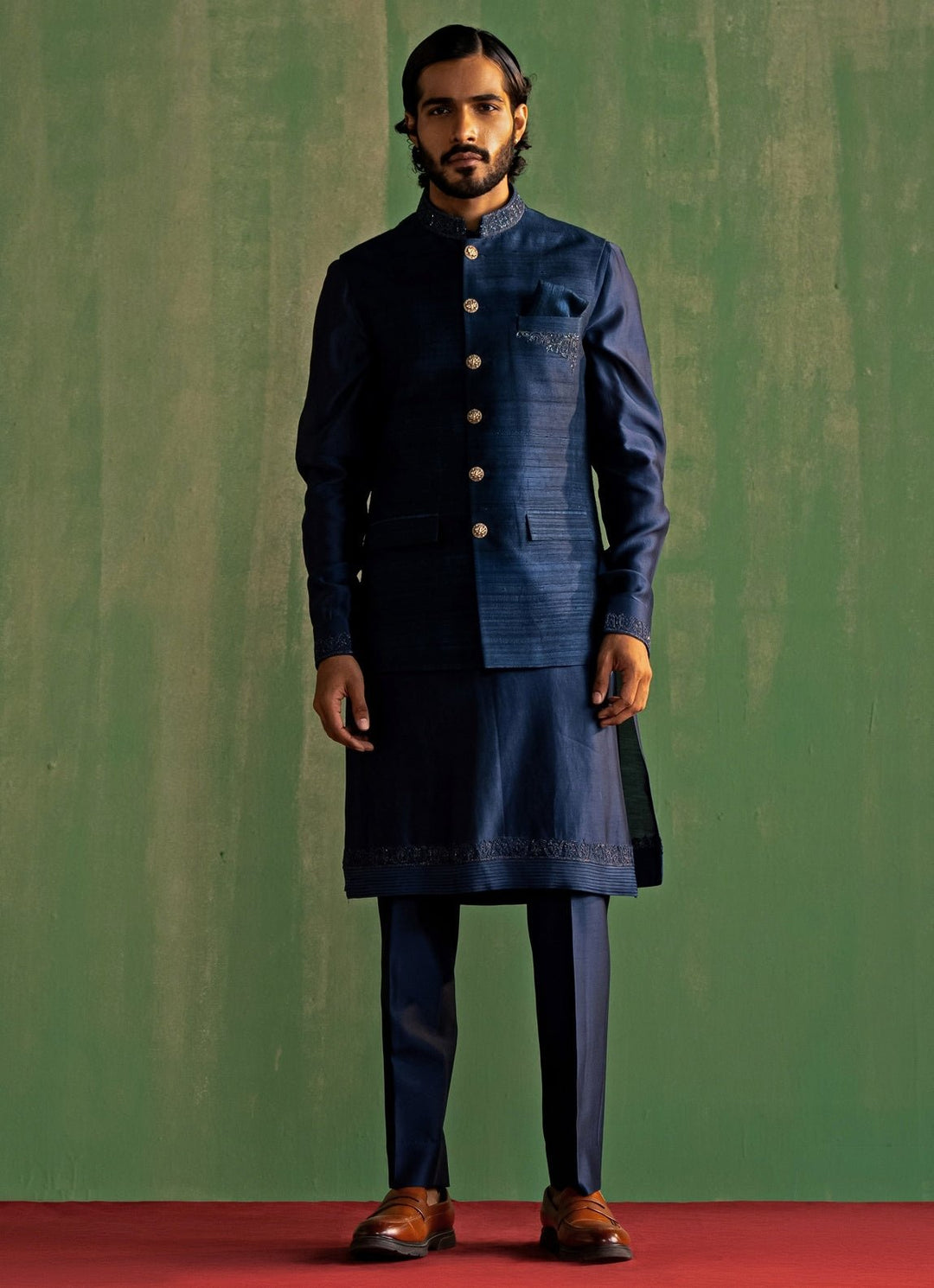 Midnight Blue Embroidered Kurta Bundi Set Studio Bagechaa - Men - Fabilicious Fashion