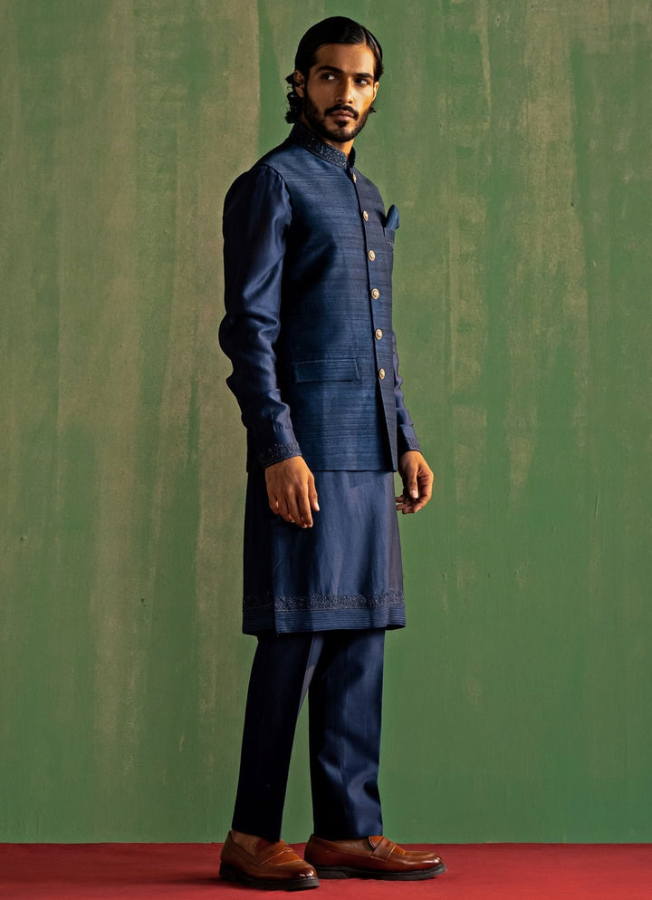 Midnight Blue Embroidered Kurta Bundi Set Studio Bagechaa - Men - Fabilicious Fashion
