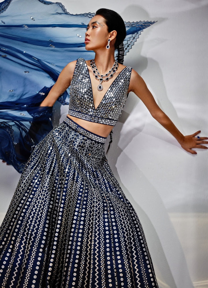 Midnight Blue Embroidered Lehenga Set Akara - Fabilicious Fashion