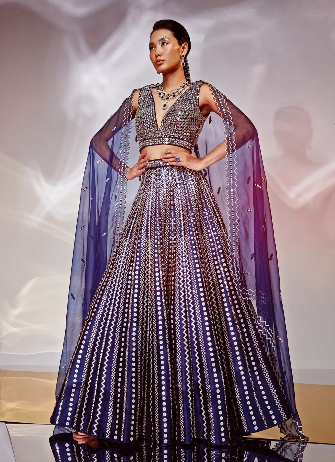 Midnight Blue Embroidered Lehenga Set Akara - Fabilicious Fashion
