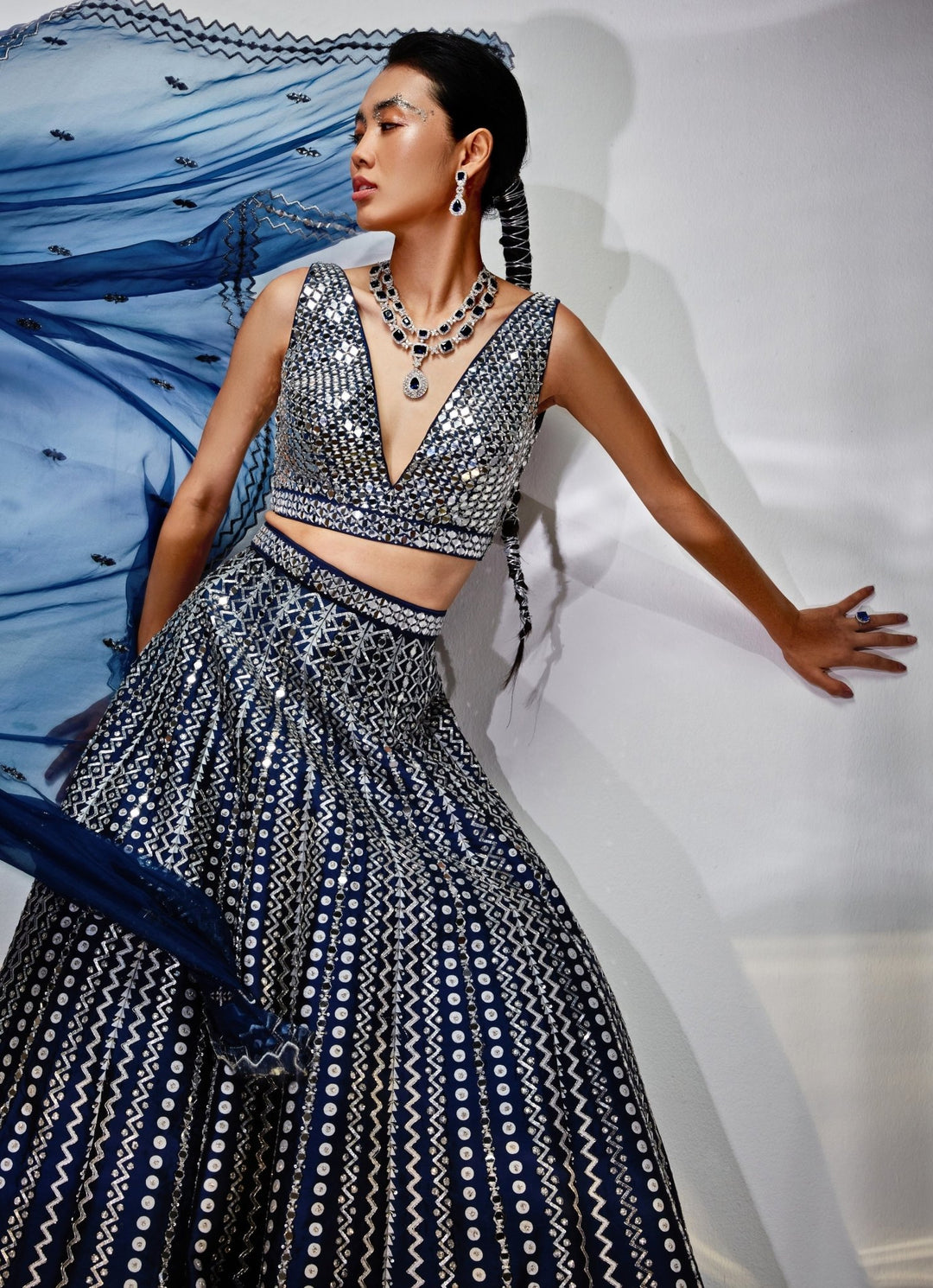 Midnight Blue Embroidered Lehenga Set Akara - Fabilicious Fashion