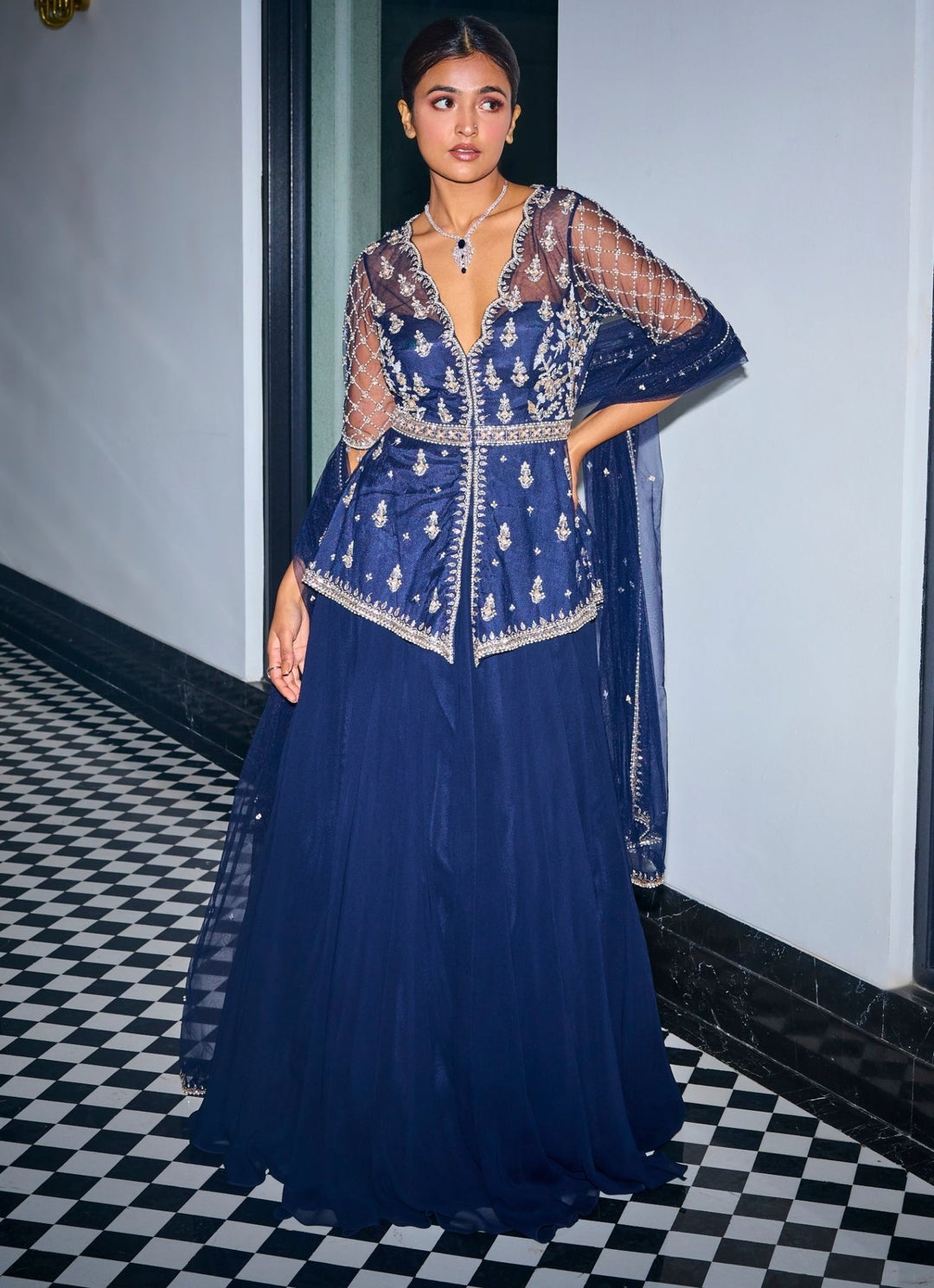 Midnight Blue Embroidered Peplum Kurta Lehenga Set Sanya Gulati - Fabilicious Fashion