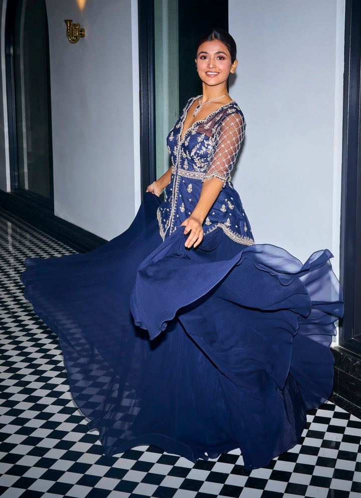 Midnight Blue Embroidered Peplum Kurta Lehenga Set Sanya Gulati - Fabilicious Fashion