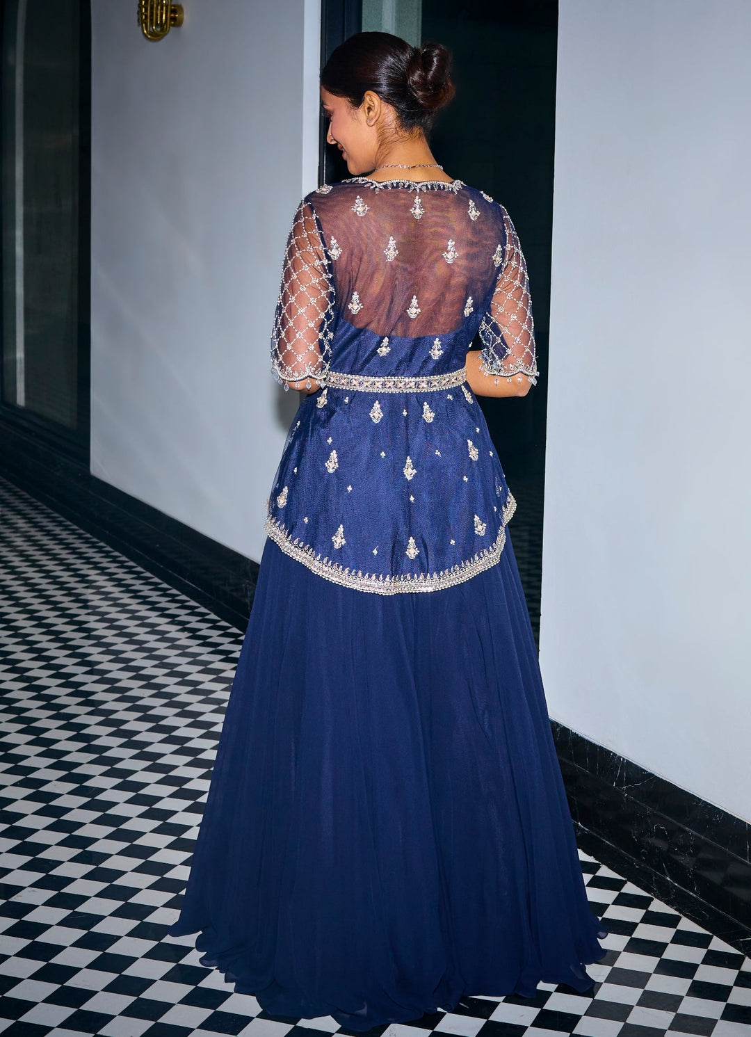 Midnight Blue Embroidered Peplum Kurta Lehenga Set Sanya Gulati - Fabilicious Fashion