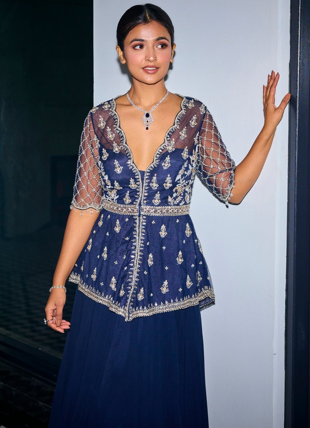 Midnight Blue Embroidered Peplum Kurta Lehenga Set Sanya Gulati - Fabilicious Fashion