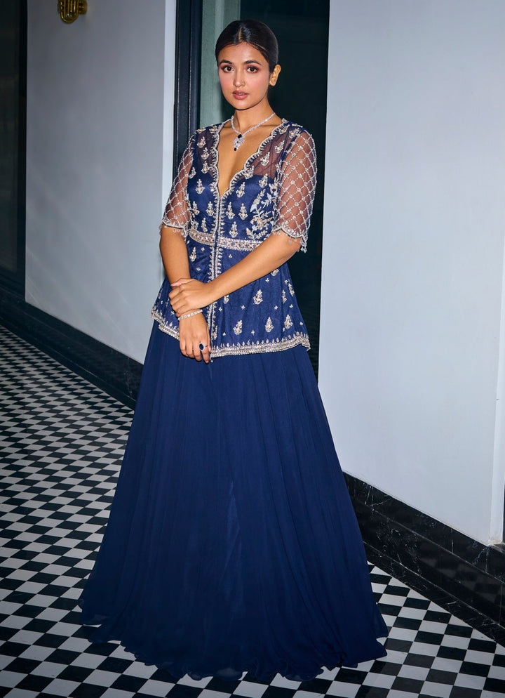 Midnight Blue Embroidered Peplum Kurta Lehenga Set Sanya Gulati - Fabilicious Fashion