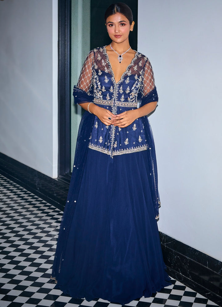 Midnight Blue Embroidered Peplum Kurta Lehenga Set Sanya Gulati - Fabilicious Fashion