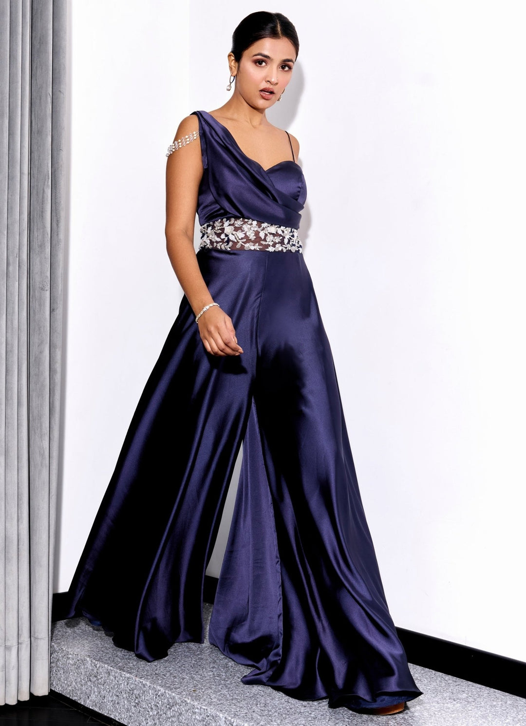 Midnight Blue Embroidered Satin Georgette Jumpsuit Sanya Gulati - Fabilicious Fashion