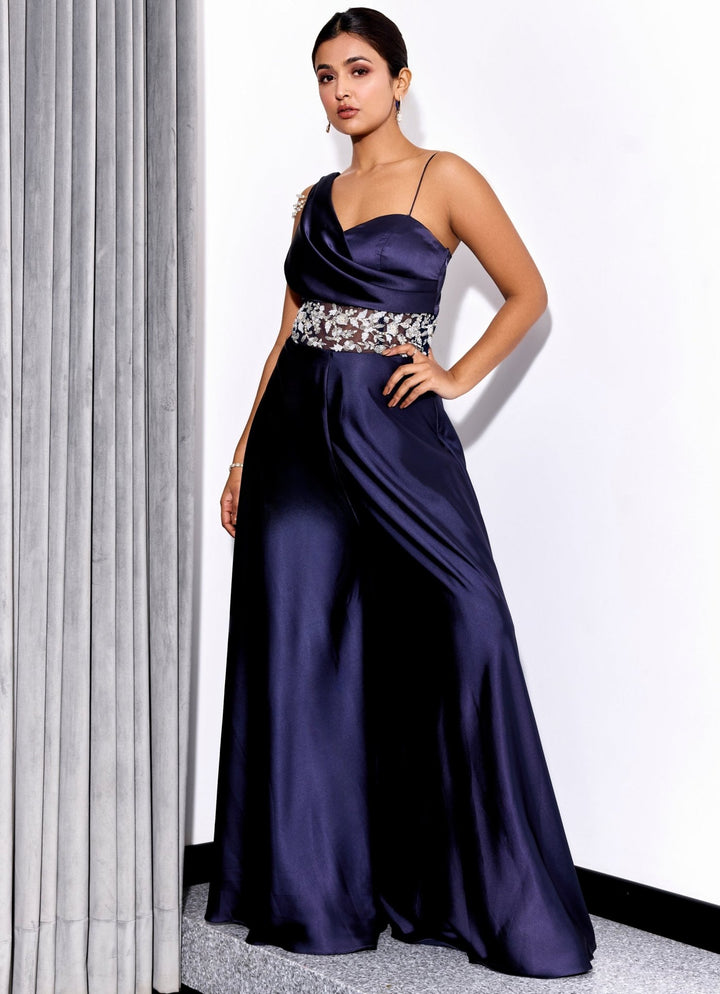 Midnight Blue Embroidered Satin Georgette Jumpsuit Sanya Gulati - Fabilicious Fashion