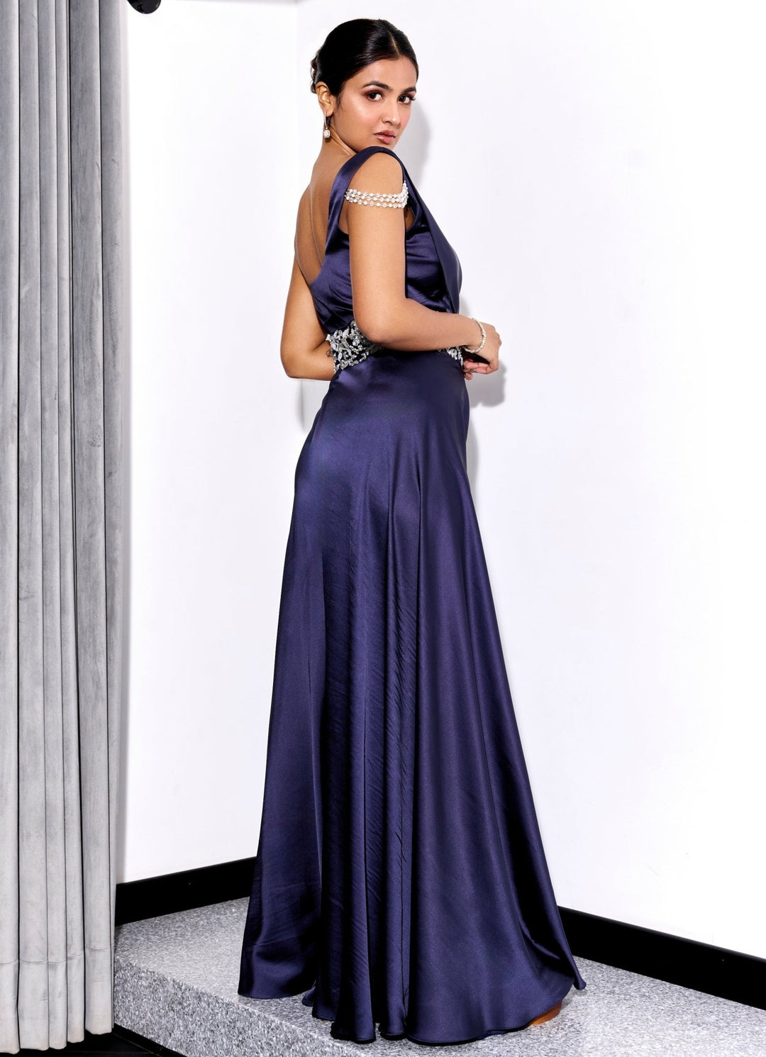 Midnight Blue Embroidered Satin Georgette Jumpsuit Sanya Gulati - Fabilicious Fashion