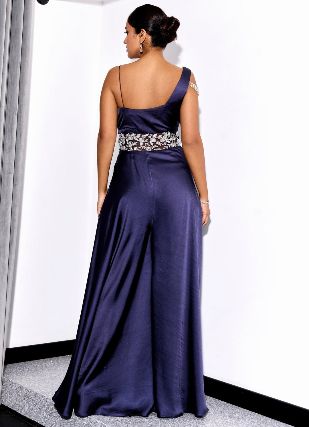 Midnight Blue Embroidered Satin Georgette Jumpsuit Sanya Gulati - Fabilicious Fashion