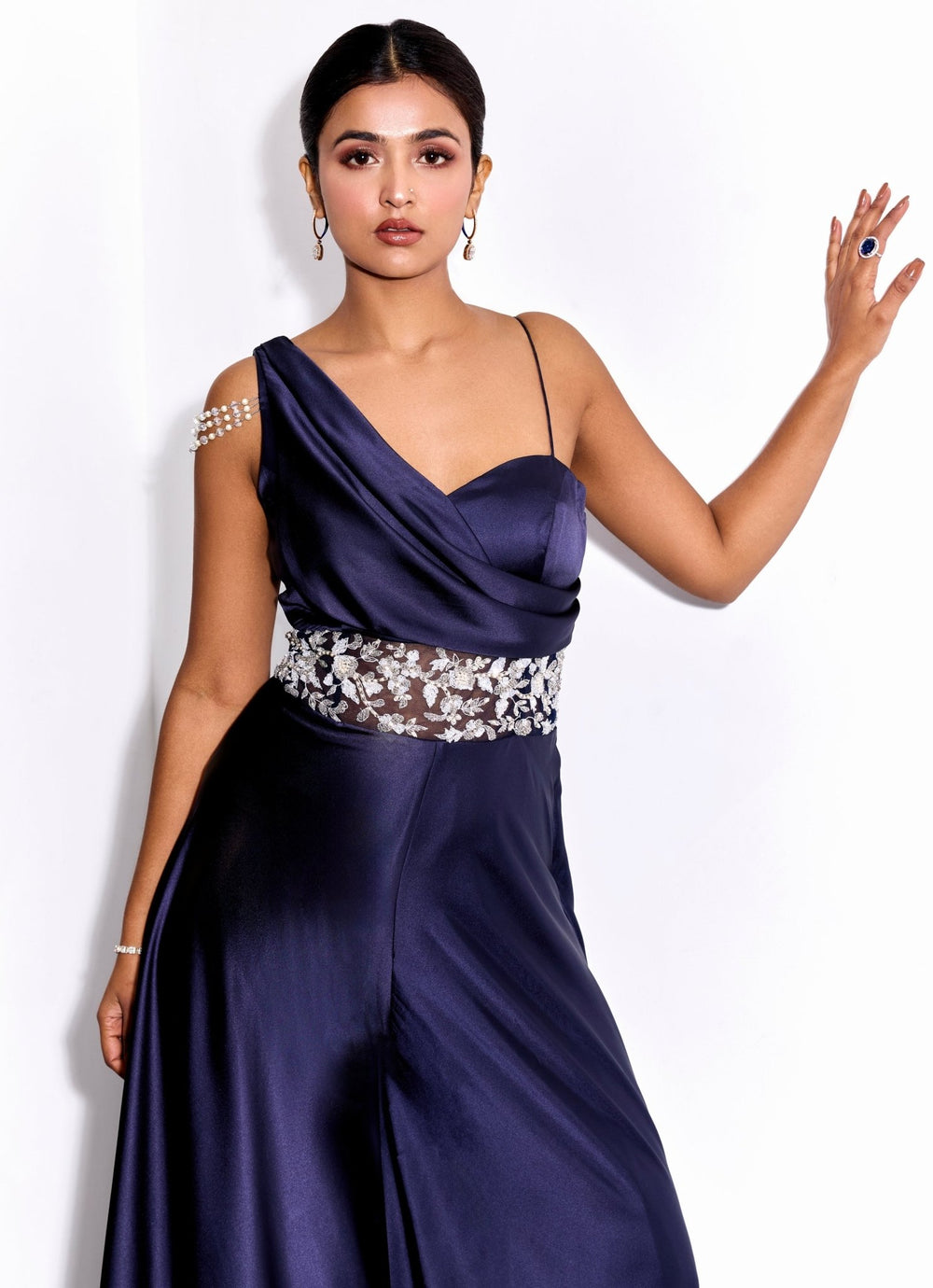 Midnight Blue Embroidered Satin Georgette Jumpsuit Sanya Gulati - Fabilicious Fashion