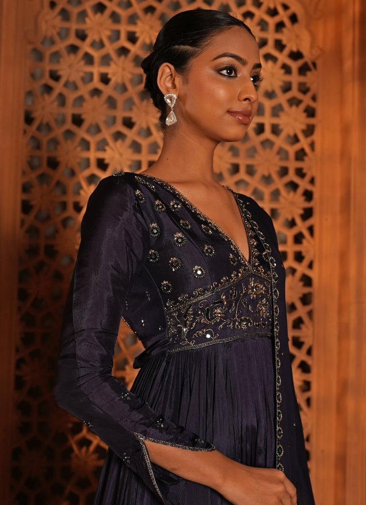 Midnight Blue Embroidered Silk Anarkali Set Enamour by Radha - Fabilicious Fashion