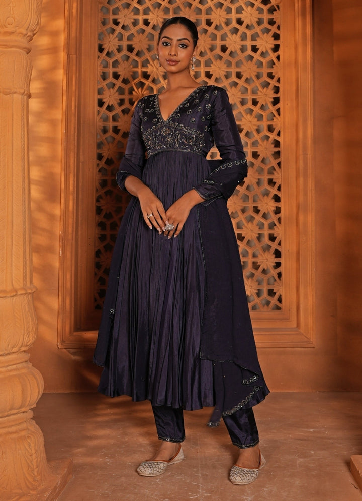 Midnight Blue Embroidered Silk Anarkali Set Enamour by Radha - Fabilicious Fashion
