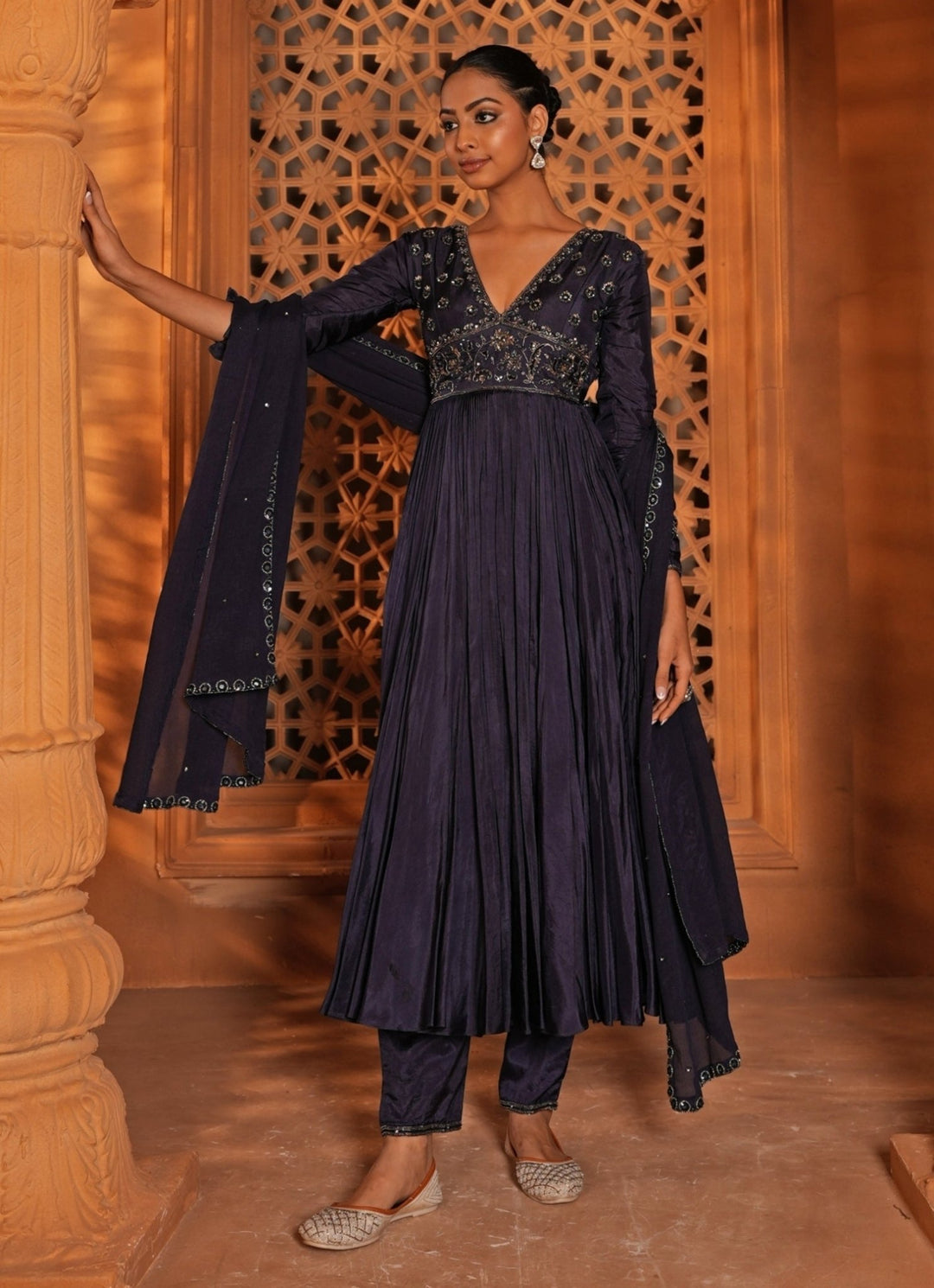 Midnight Blue Embroidered Silk Anarkali Set Enamour by Radha - Fabilicious Fashion