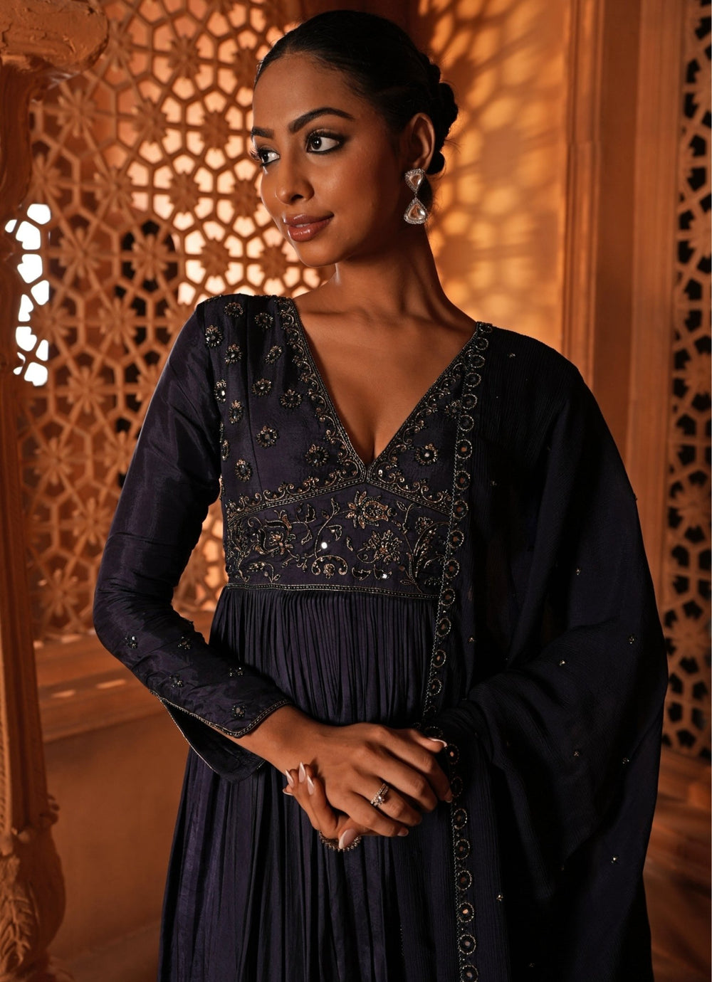 Midnight Blue Embroidered Silk Anarkali Set Enamour by Radha - Fabilicious Fashion