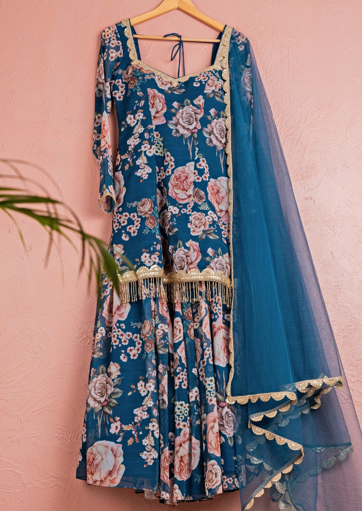Midnight Blue Floral Georgette Kurta Sharara Set Anisha Shetty - Fabilicious Fashion