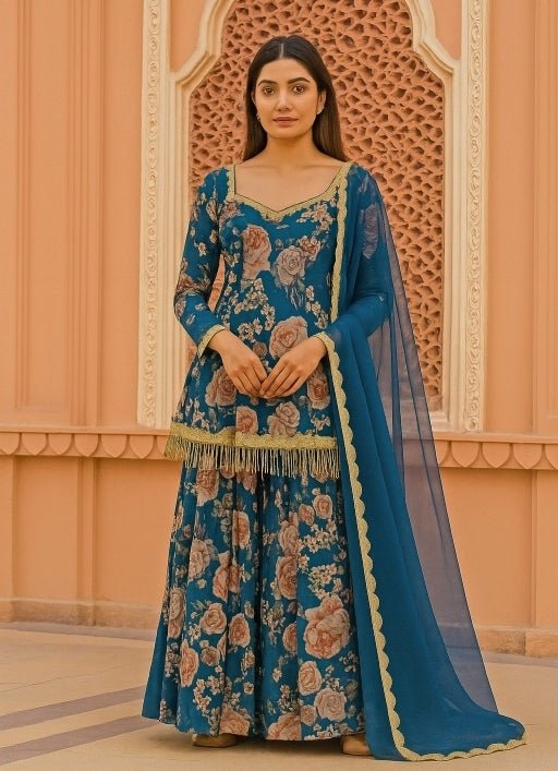 Midnight Blue Floral Georgette Kurta Sharara Set Anisha Shetty - Fabilicious Fashion