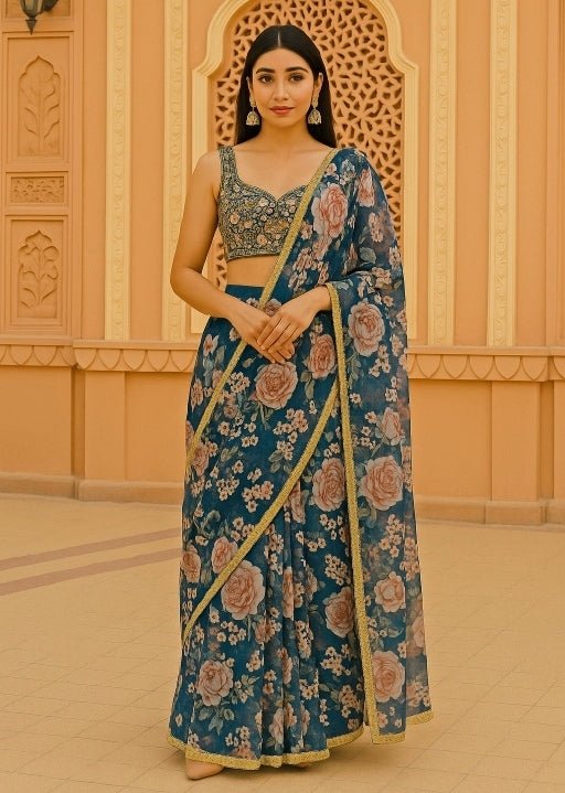 Midnight Blue Floral Georgette Pre - Draped Saree Anisha Shetty - Fabilicious Fashion