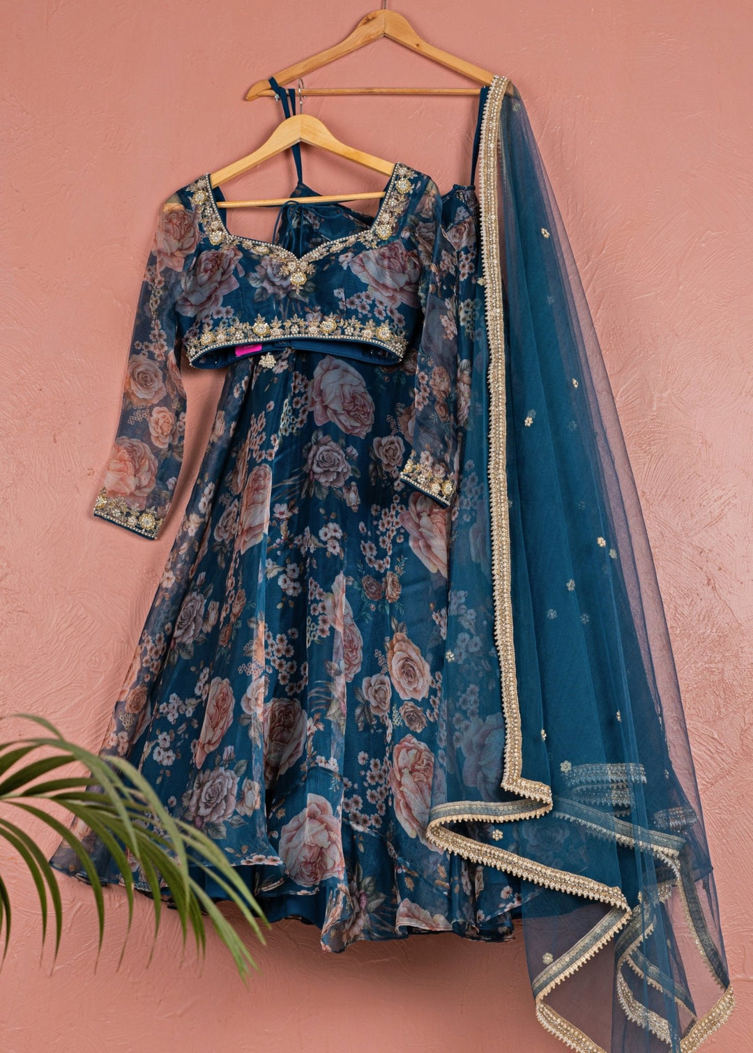 Midnight Blue Floral Organza Lehenga Anisha Shetty - Fabilicious Fashion