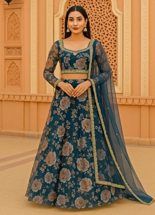 Midnight Blue Floral Organza Lehenga Anisha Shetty - Fabilicious Fashion