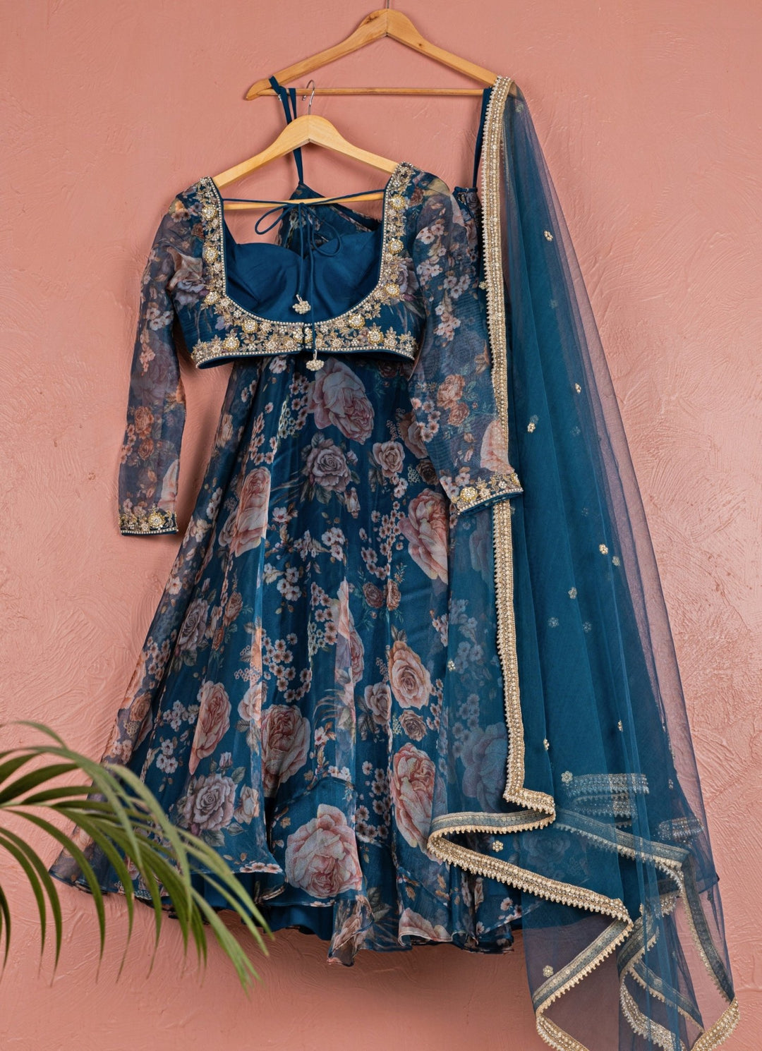 Midnight Blue Floral Organza Lehenga Anisha Shetty - Fabilicious Fashion