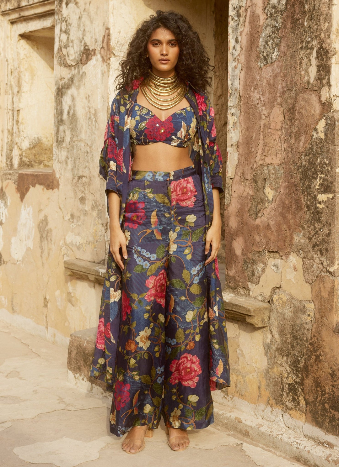 Midnight Blue Floral Pant Set With Jacket Paulmi and Harsh - Fabilicious Fashion