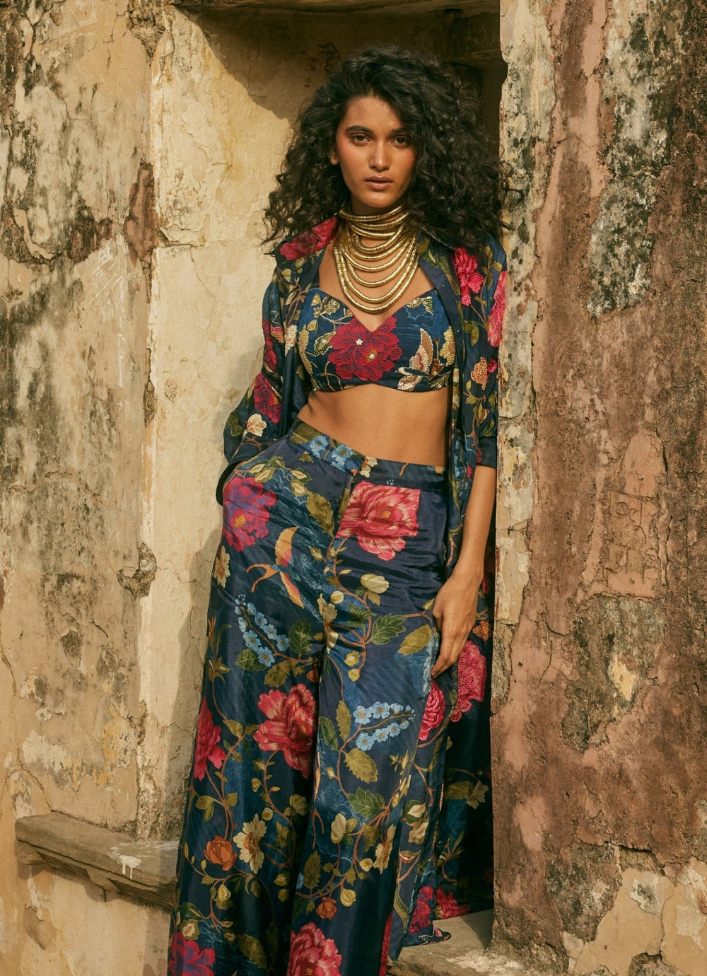Midnight Blue Floral Pant Set With Jacket Paulmi and Harsh - Fabilicious Fashion