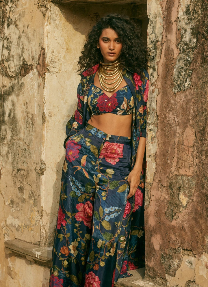 Midnight Blue Floral Pant Set With Jacket Paulmi and Harsh - Fabilicious Fashion