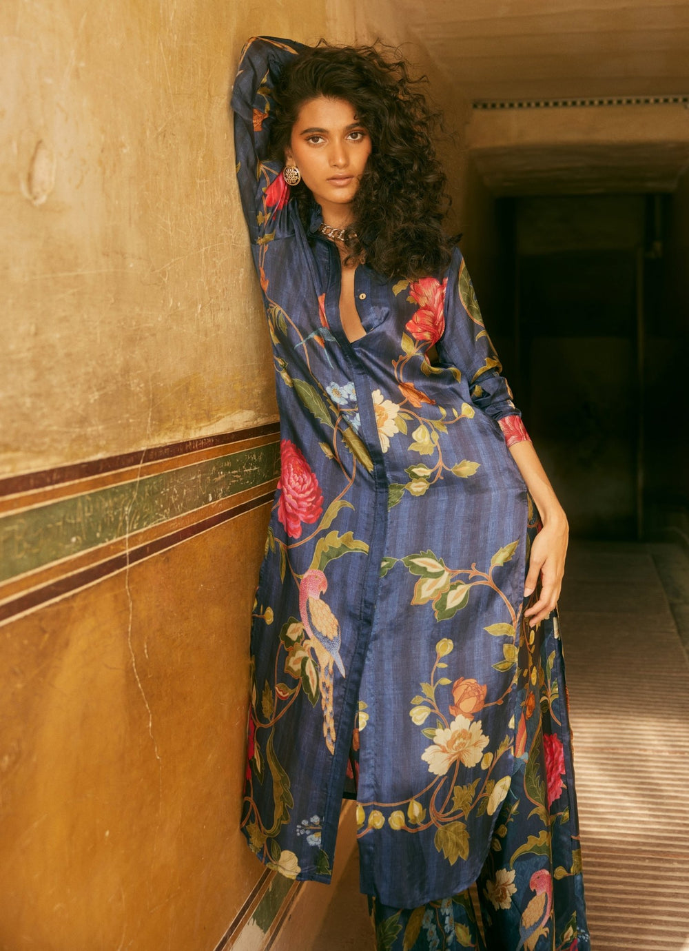 Midnight Blue Floral Silk Kurta Pant Set Paulmi and Harsh - Fabilicious Fashion