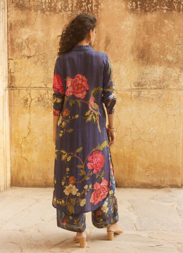 Midnight Blue Floral Silk Kurta Pant Set Paulmi and Harsh - Fabilicious Fashion