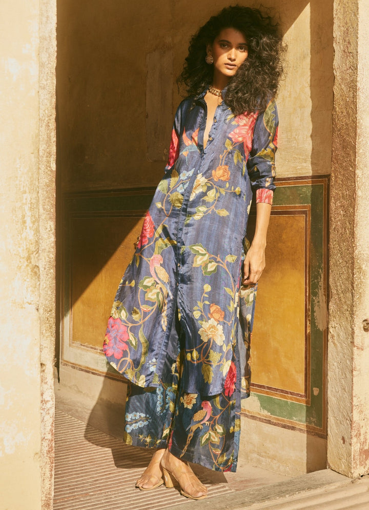 Midnight Blue Floral Silk Kurta Pant Set Paulmi and Harsh - Fabilicious Fashion