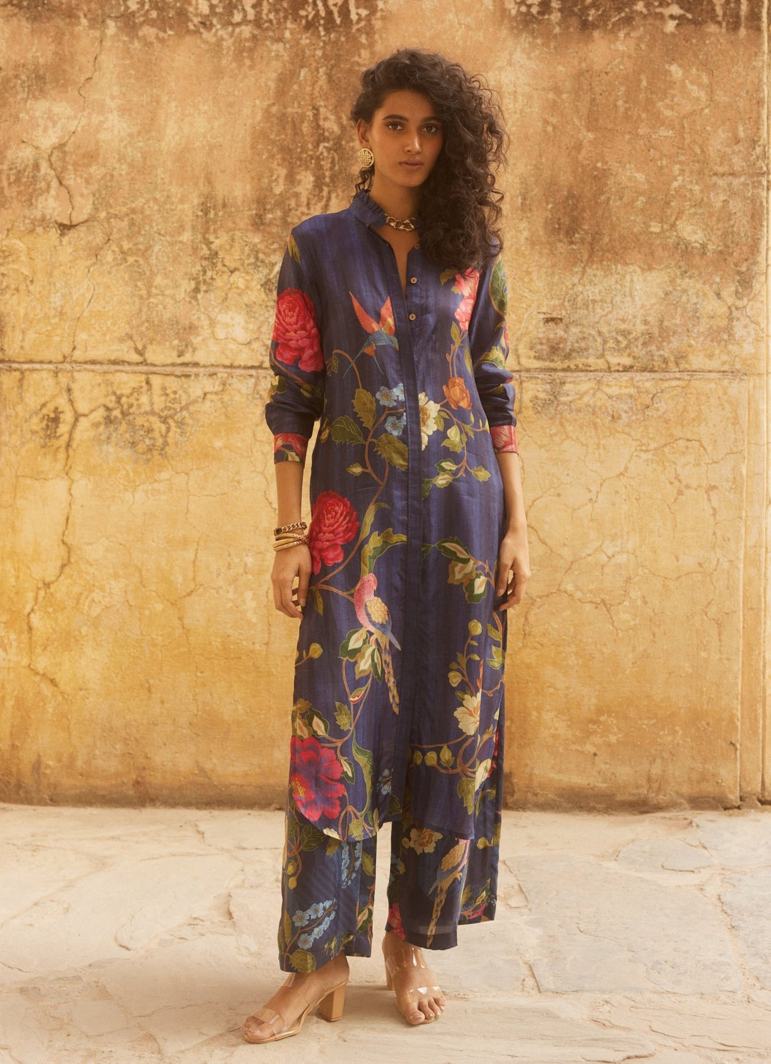 Midnight Blue Floral Silk Kurta Pant Set Paulmi and Harsh - Fabilicious Fashion