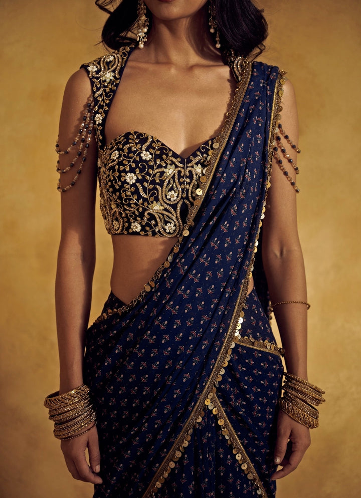 Rashika Sharma Midnight Blue Georgette Pre - Draped Saree SetFabilicious Fashion