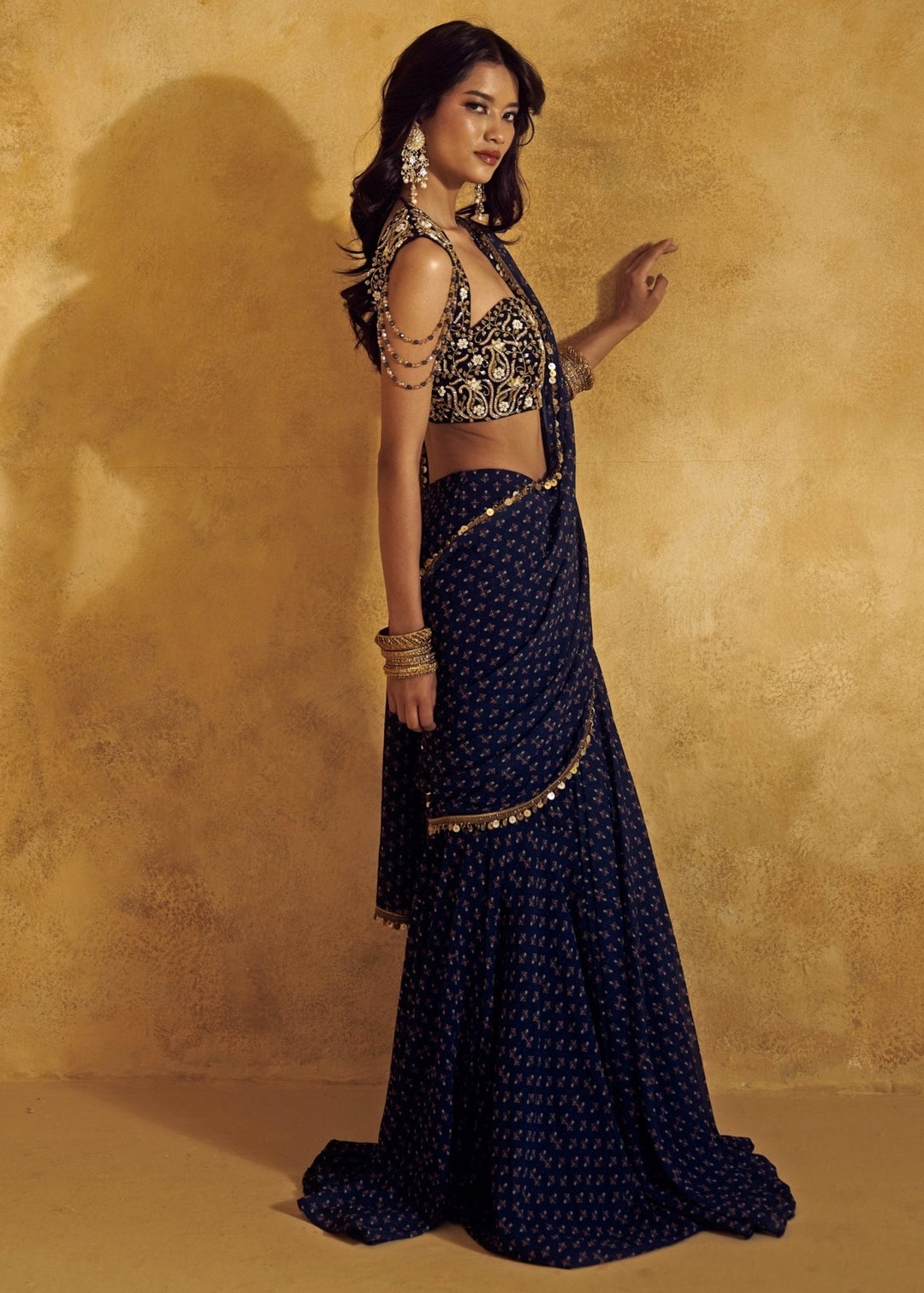 Rashika Sharma Midnight Blue Georgette Pre - Draped Saree SetFabilicious Fashion