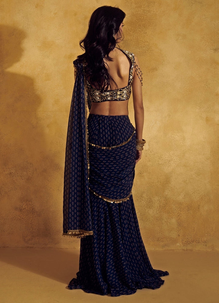 Rashika Sharma Midnight Blue Georgette Pre - Draped Saree SetFabilicious Fashion