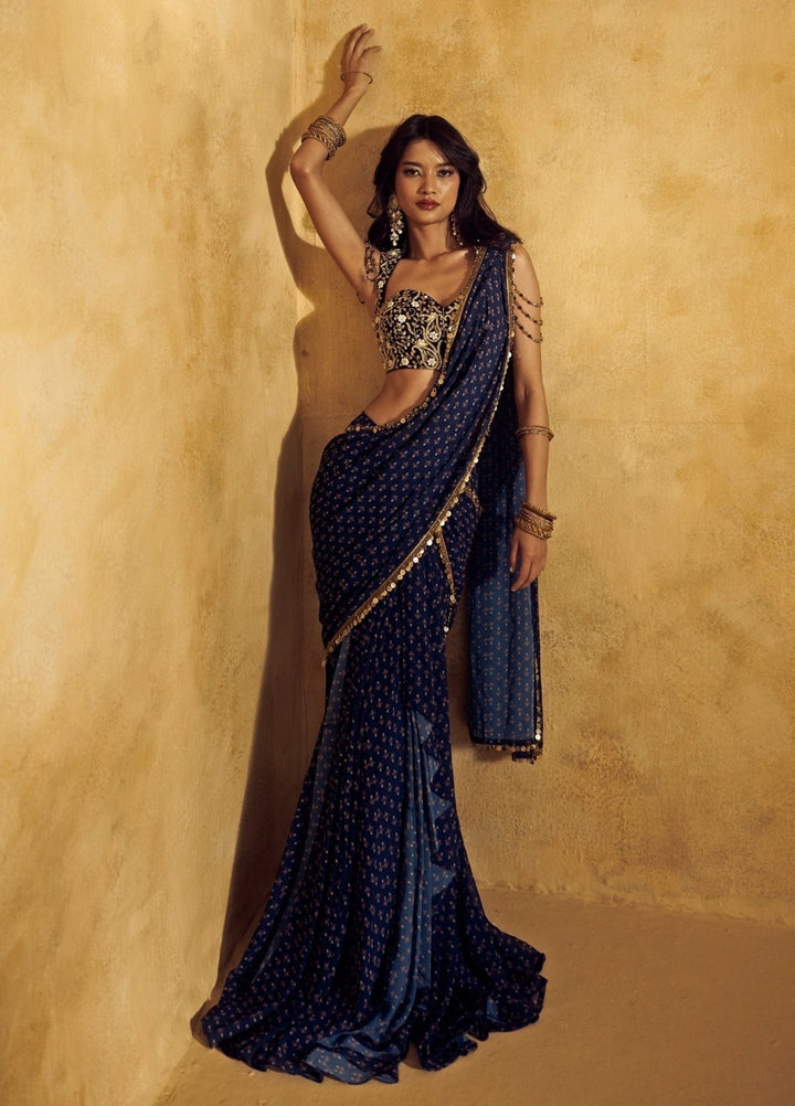 Rashika Sharma Midnight Blue Georgette Pre - Draped Saree SetFabilicious Fashion