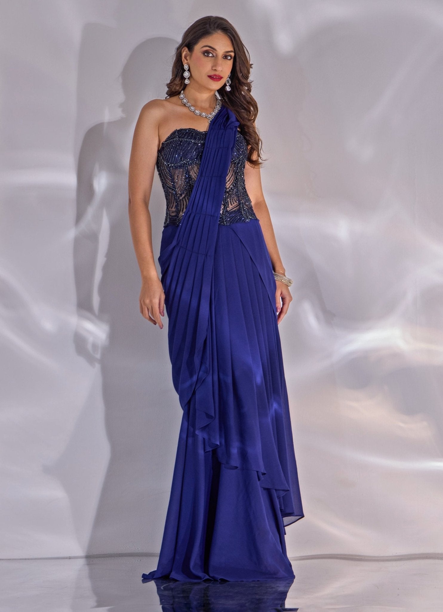 Midnight blue pre draped georgette wedding saree with corset blouse — evening cocktail saree