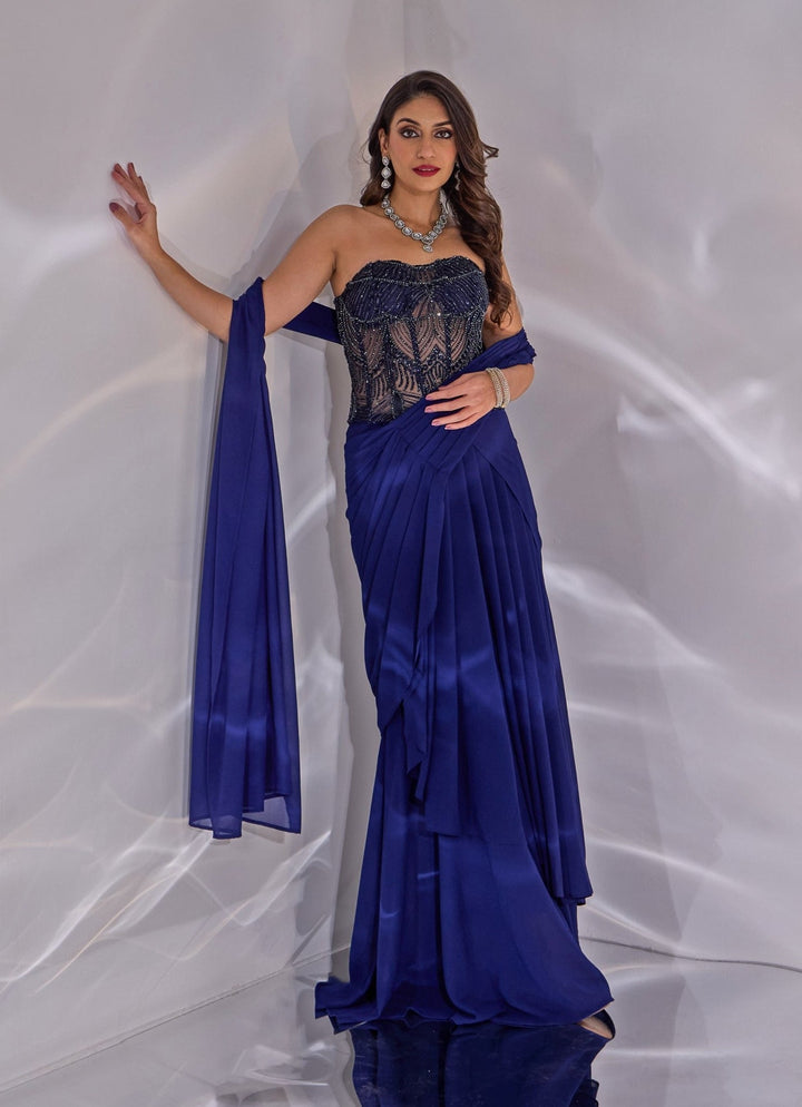 Midnight Blue Georgette Pre - Draped Saree With Corset Blouse Rashika Sharma - Fabilicious Fashion