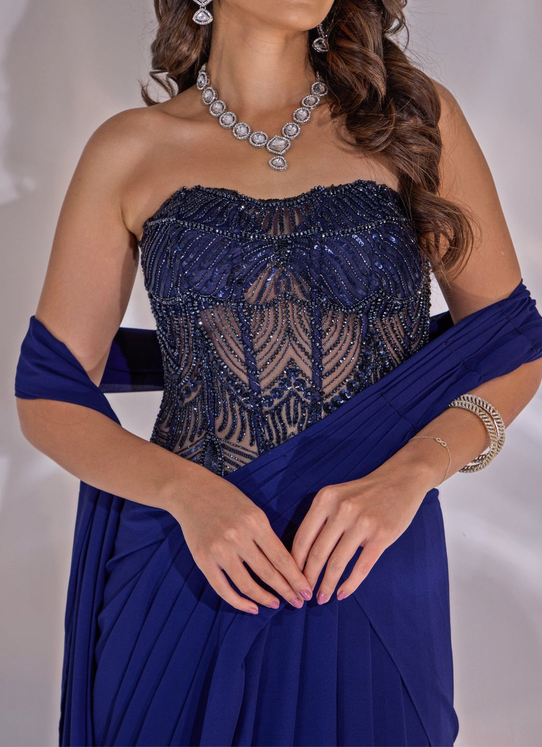 Midnight Blue Georgette Pre - Draped Saree With Corset Blouse Rashika Sharma - Fabilicious Fashion