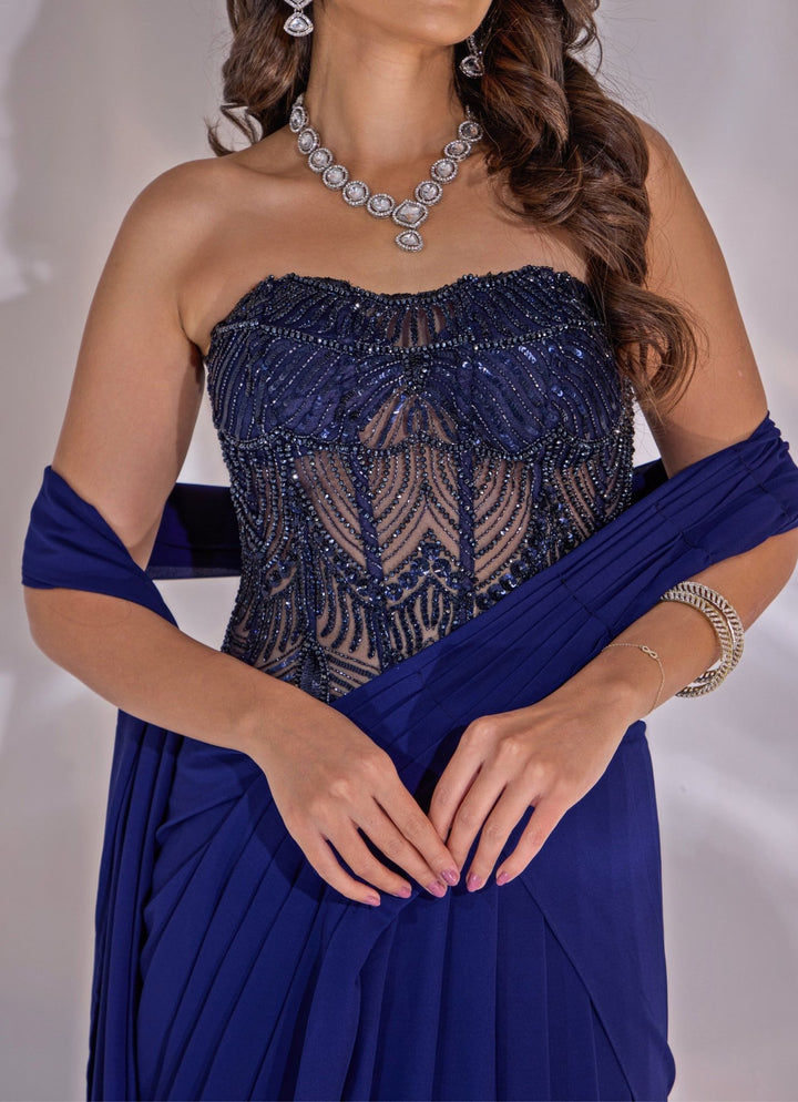 Midnight Blue Georgette Pre - Draped Saree With Corset Blouse Rashika Sharma - Fabilicious Fashion
